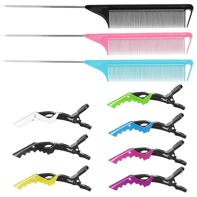 Rat Tail Comb Hair Clips Set: 3Pcs Rat Tail Combs, Hair Styling Combs for Women and 7 Professional Sectioning Hair Clips (Black，Pink，Blue)