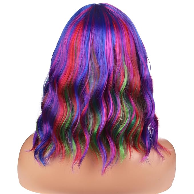 BERON 14 Inches Rainbow Wig with Bangs Short Curly Synthetic Wig for Women Cosplay Daily Party Hairnet Included