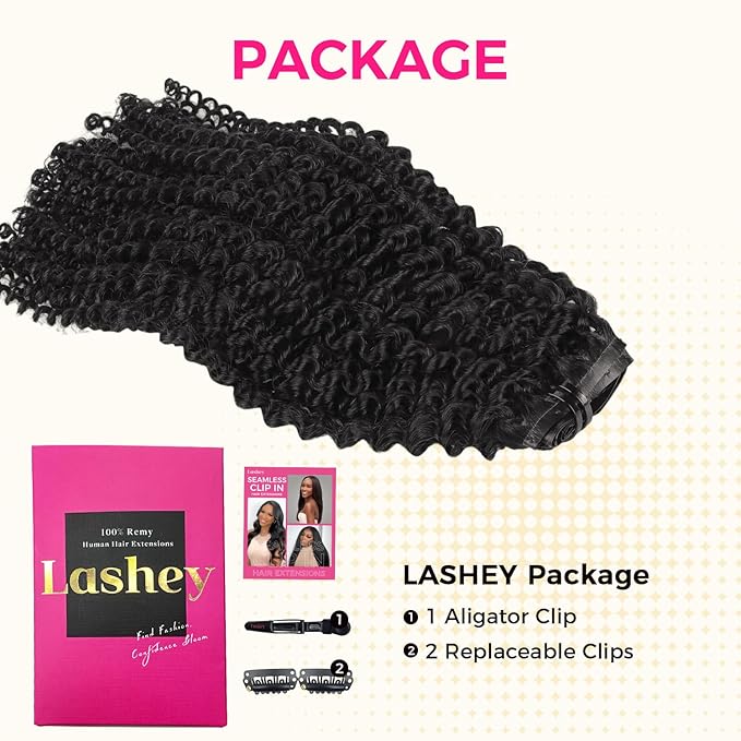 Lashey Kinky Curly Clip in Hair Extensions 110g 7pcs 16 Inch Natural Black Seamless Clip in Hair Extensions Human Hair with Soft Invisible PU Weft for Women