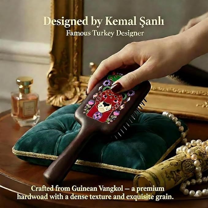 SIMETRA Wooden Paddle Hair Brush Unique Pattern Hair Brushes for Women Wet Brush Detangling Brush Guinean Ovangkol Hardwood Bristles for Scalp Massage for Men Kids for All Hair Types (Fox)