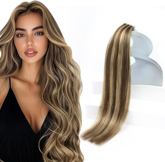 Sunny Hair Tape in Hair Extensions Real Human Hair Invisible Remy Hair Extensions Tape ins for Women Dark Brown Highlight Caramel Blonde 18 inch 20Pcs 50G