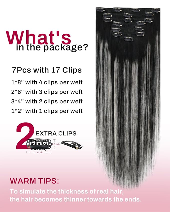Moresoo Human Hair Clip in Extensions Balayage Black with Silver Double Weft Clip in Human Hair Extensions Balayage Black to Silver Grey Hair Extensions Clip ins Full Head 7pcs 120g 20inch
