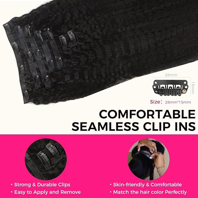 Lashey Seamless Clip in Hair Extensions Human Hair #1 Jet Black Kinky Straight Clip in Hair Extensions Real Human Hair 7pcs 110g 18 Inch PU Weft Natural Hair Extension for Women