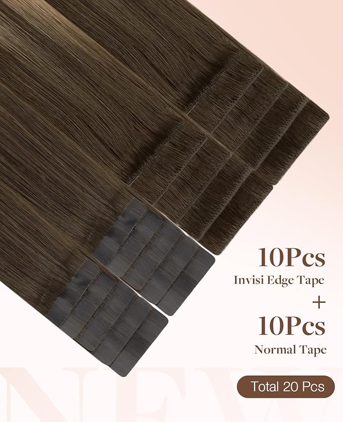 GOO GOO Invisi Edge Tape in Hair Extensions Human Hair, 4/27/4 Balayage Chocolate Brown to Caramel Blonde 10pcs injected with 10pcs classical tape ins, 10inch 30g, Virgin Remy Hair, Natural Look