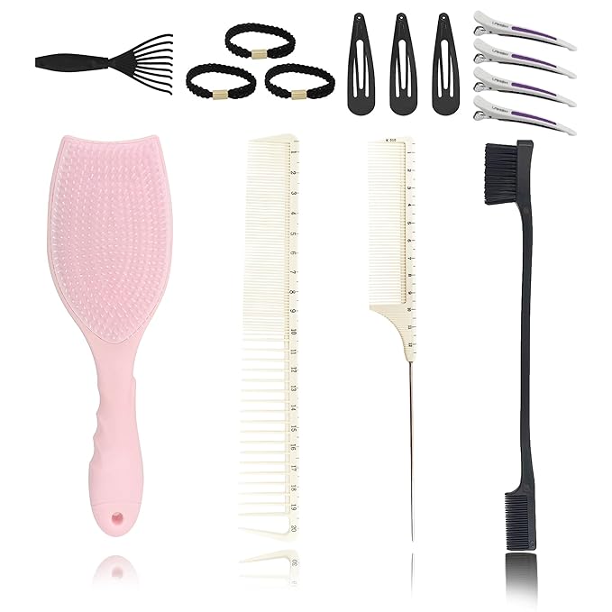 Hair Brush Set, Professional Styling Tools with Combs and Accessories, Pink, Gift Box Included (Pink Brush+Black Brush)