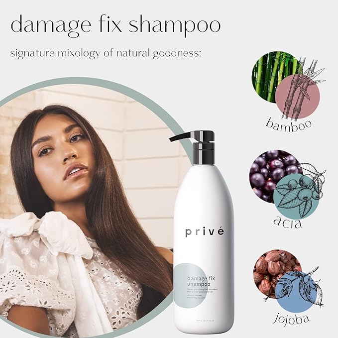 Privé Damage Fix Hair Shampoo for Women & Men - Sulfate-Free Repair Shampoo for Damaged Hair - Strengthening & Moisturizing Formula for Dry, Dull & Over-Processed Strands (33.8 oz)