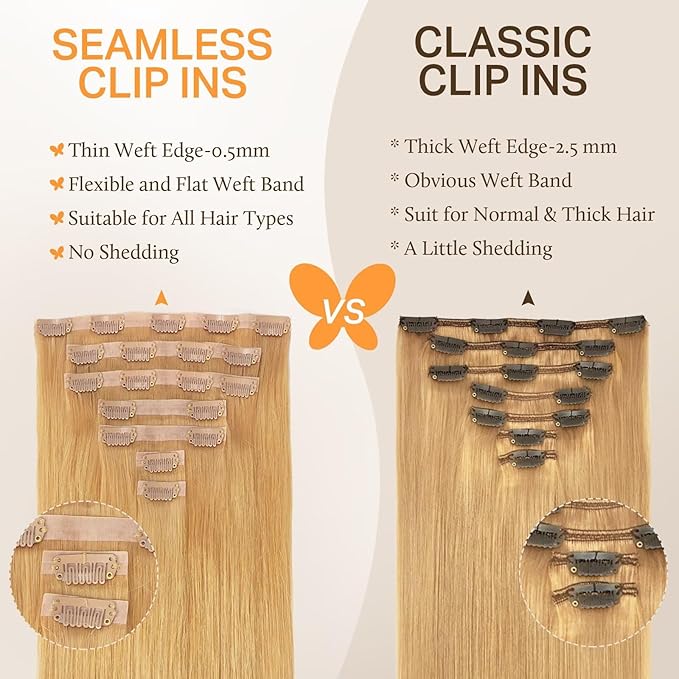 DOORES Seamless Clip in Hair Extensions Real Human Hair, Honey Blonde 110g 7pcs 20 Inch, Extensions Clip in Straight Remy Hair Invisi Edge