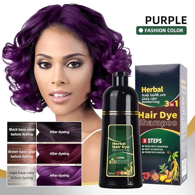 Purple Hair Dye Shampoo 3 in 1 Herbal Natural Dye Cover Gray, for Women/Men Hair Color for Grey Coverage (Purple)