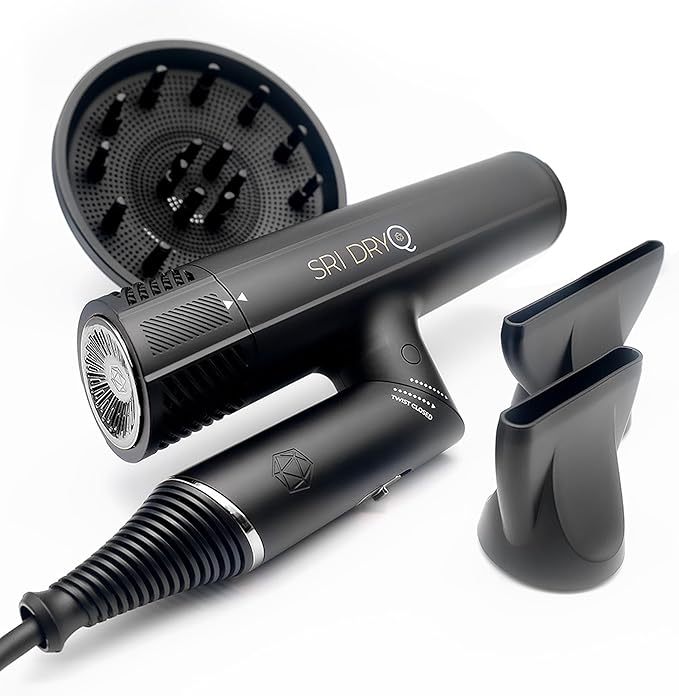 SRILabs DryQ ‘Smart’ Hair Dryer – Super Lightweight, Foldable – Powerful, Quiet Motor – Infrared & Ionic Technology – 3 Magnetic Attachments – Heat Control with Locking Switch