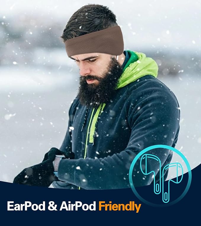 Winter Ear Warmer Headband for Men Women Double-Layer Knit Ear Muffs Cover with Fuzzy Lining for Running and Cycling (Brown, One Size)