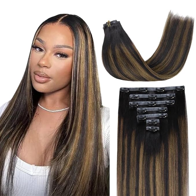 Lashey Seamless Clip in Hair Extensions Human Hair Light Yaki Natural Black Mixed Chestnut Brown 20 Inch 7pcs 110g Real Human Hair Clip ins for Black Women