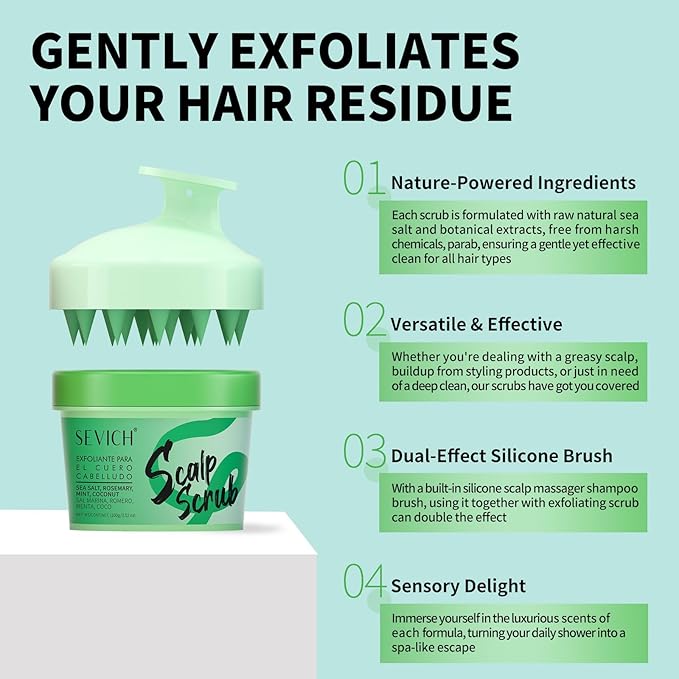 SEVICH Scalp Scrub with Massager for Refreshing Degreasing Version,Deep Cleansing Scrub with Tea Tree Oil & Sea Salt, Dandruff Treatment for Buildup Removal, 100g