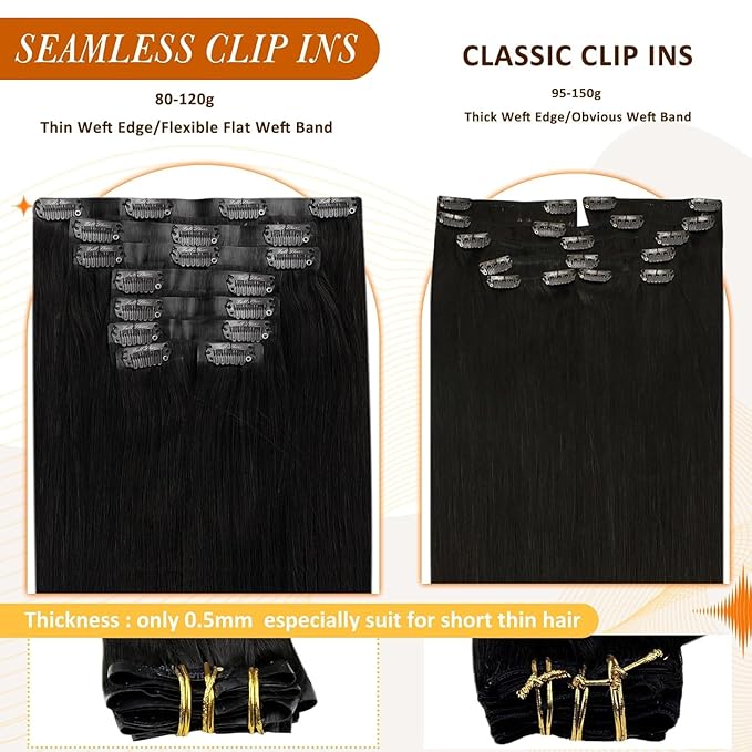 Full Shine Seamless Clip in Hair Extensions Real Human Hair Jet Black 22 Inch Clip in Extensions Human Hair with PU Weft Softness 8 PCS 120 Grams