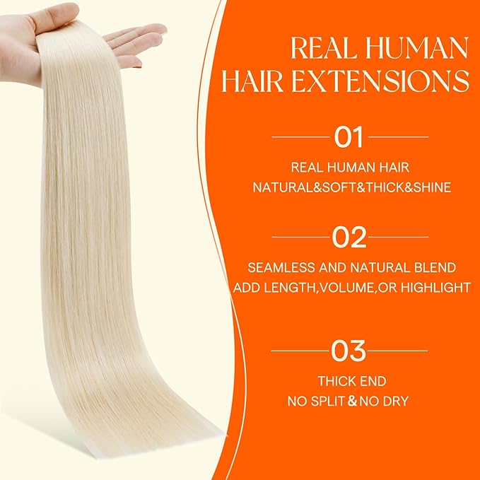 Full Shine Invisible Tape in Hair Extensions Human Hair Color 1000 Blonde Double Sided Machine Remy Injected Tape in Hair Extensions 14Inch 40Grams 20Pcs Add Volume Natural Look for Party Cosplay