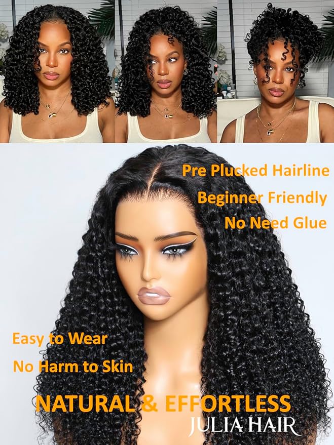 Julia Hair Bye Bye Knots Glueless Wig Curly Pre Cut Lace Front Wigs Human Hair for Women 12A Upgrade 7x5 Lace Closure Wig Pre Plucked with Pre Bleached Knots Put on and Go Natural Color 18 Inch