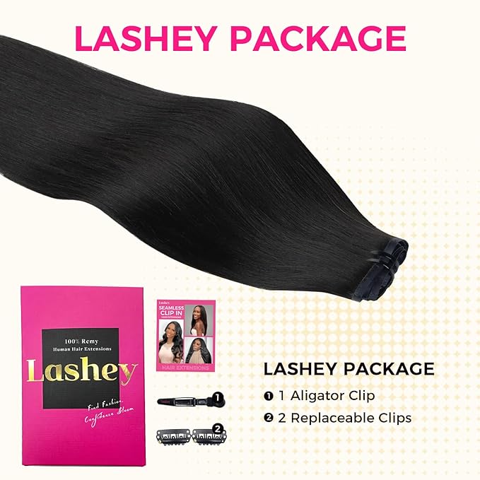 Lashey Seamless Clip in Hair Extensions Human Hair 130g 9pcs #1 Jet Black Light Yaki Straight 14 Inch Clip in Hair Extensions Full Pack with Soft PU Invisi Edge