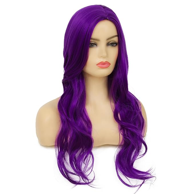 Baruisi Long Curly Wavy Purple Wigs for Women Side Part Natural Looking Cosplay Synthetic Heat Resistant Replacement Wig