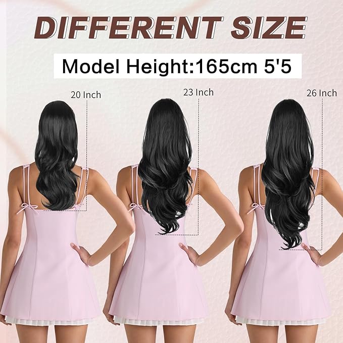 Ponytail Extension, Drawstring Ponytail Extension for Women Long Black Brown Wavy Pony Tails Hair Extensions Synthetic Wavy Clip in Ponytail Hairpiece for Women