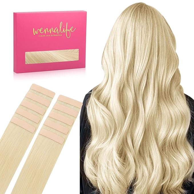 WENNALIFE Tape in Hair Extensions Human Hair Platinum Blonde Tape in Extensions, 10pcs 30g 24 inch Remy Invisible Tape Ins Straight Soft Real Human Hair Tape in Extensions Refill Set Extensions