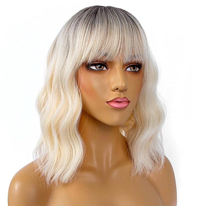 Short Bob Wigs with Bangs for Women Loose Wavy Wig Curly Wavy Shoulder Length Bob Synthetic Cosplay Wig for Girl Colorful Costume Wigs (Light Blonde Ombre)