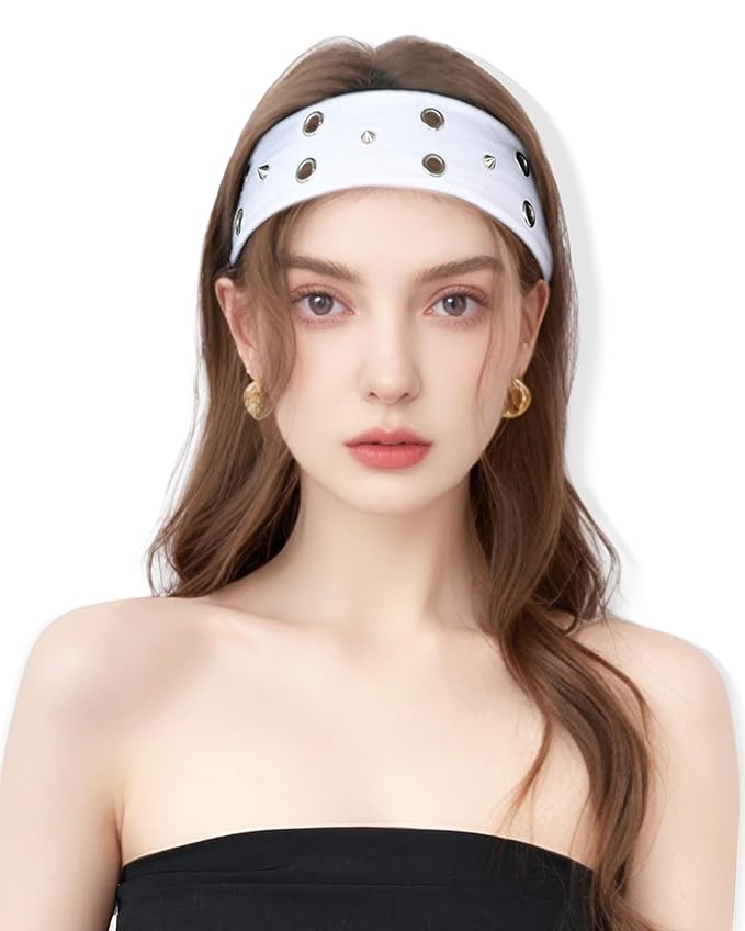 Grommet Headband for Women, White Triangle Studs 23cm Hollow Out Elastic Hair Band, Eyelets Punk Grunge Stylish Hairband