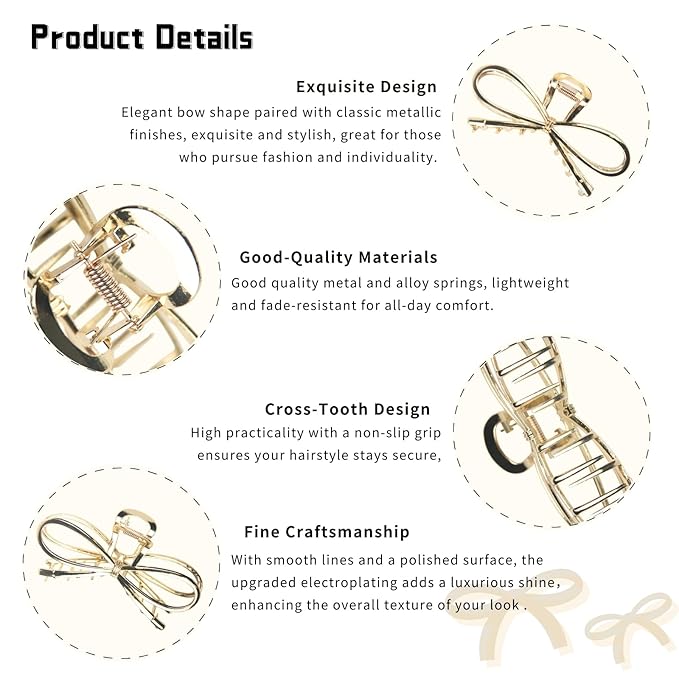 Bow Hair Claw Clips Gold Metal Hair Clips Strong Hold Nonslip Hair Jaw Clips for Thin Thick Hair Stylish Hair Accessories for Women Girls