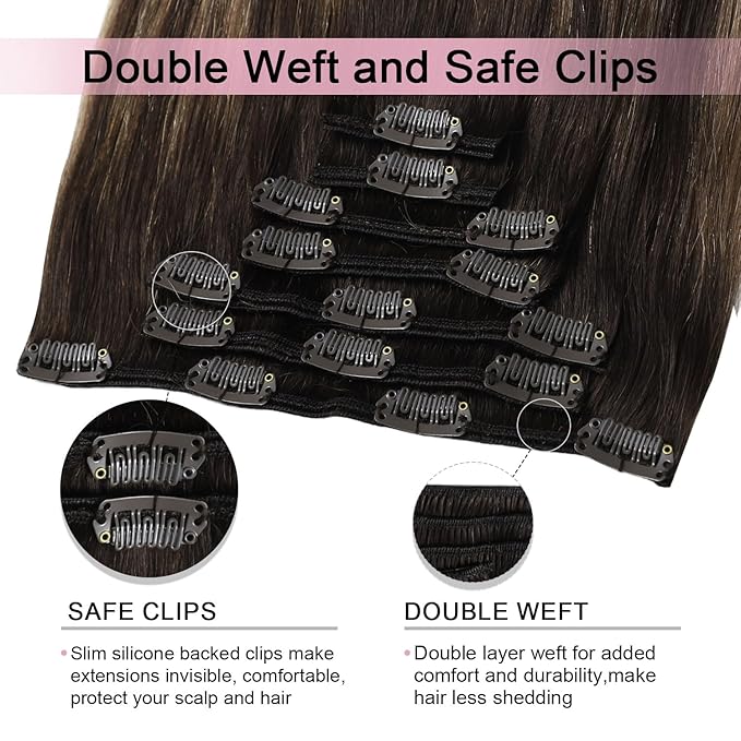 Pro2.0 Remy Real Human Hair Extensions Clip ins 120g Thick 7pcs #2/6/2 Balayage Dark Brown to Chestnut Brown Remy Clip in Hair Extensions Real Human Hair 16inch Double Weft（#2/6/2-16inch）