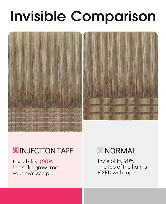 Youngsmile Injection Tape in Hair Extensions Human Hair #8T60 Ash Brown to Platinum Blonde 20pcs 50g 22 Inch Balayage Injected Seamless Tape in Hair Extensions Straight Remy Human Hair (#8T60,22'')