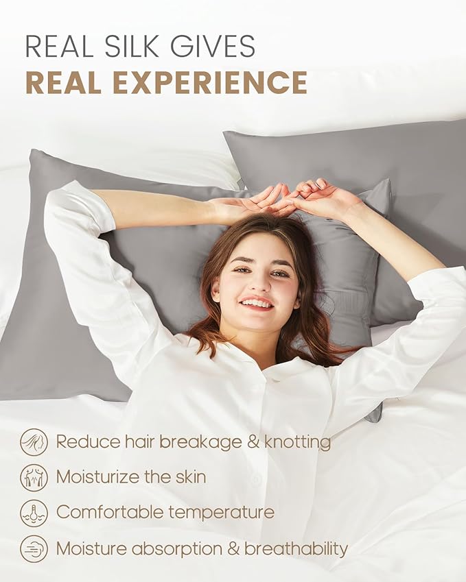 THXSILK Set of 2 Mulberry Silk Pillowcases for Hair and Skin, 100% Mulberry Silk Bed Pillowcase with Hidden Zipper, Silk Pillow Covers Soft Breathable Smooth, Silk King Pillow Case (Grey)