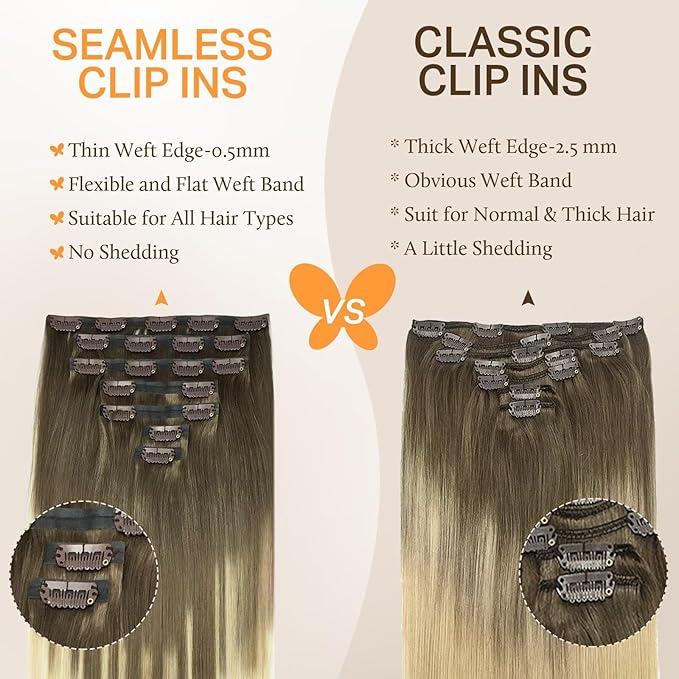 DOORES Remy Hair Extensions, Ash Brown to Platinum Blonde 16 Inch 110g 7pcs, Seamless Clip-in Hair Extensions with Natural Straight Hair and Invisi Edge