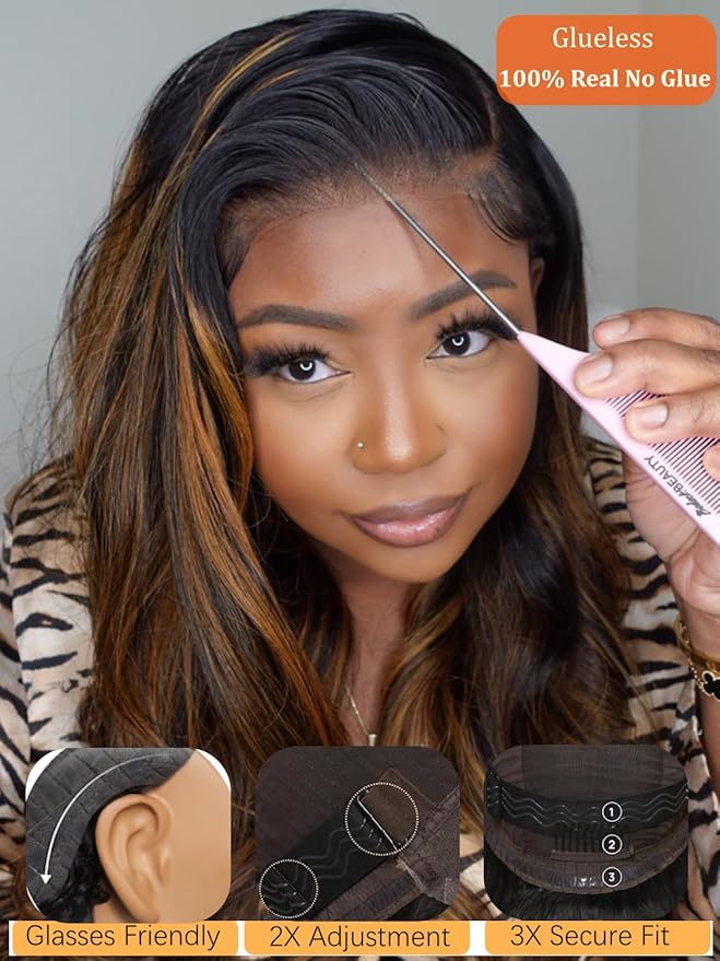 Julia Hair Bye Bye Knots Glueless Wig Highlight Balayage Brown Body Wave 7x5 Pre Cut HD Lace Front Wigs Human Hair Pre Plucked Bleached Knots Pre Everything Ready To Go Ombre Wig 20 Inch