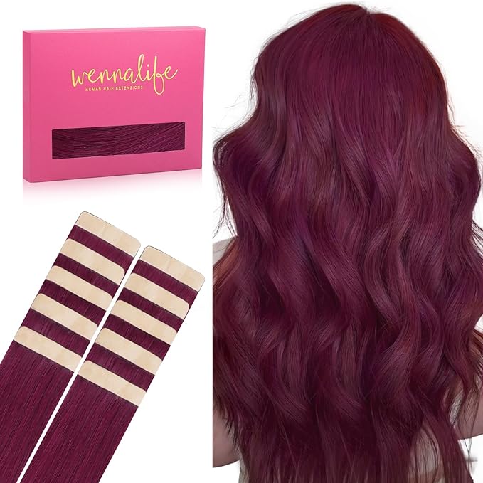 WENNALIFE Tape in Hair Extensions Human Hair Light Burgundy Tape in Extensions, 10pcs 30g 20 inch Remy Invisible Tape Ins Straight Colored Soft Real Human Hair Tape in Extensions Refill Set Extensions