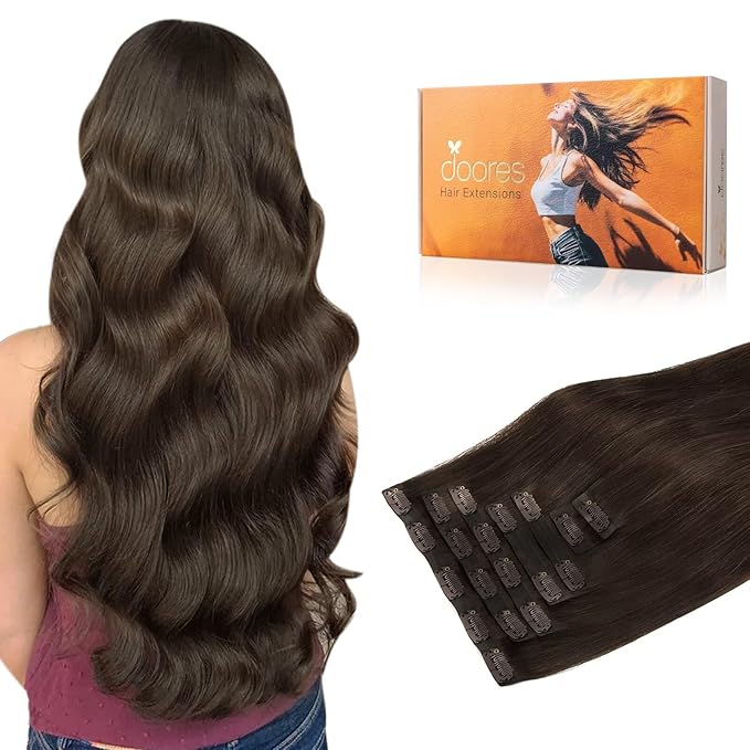 DOORES Seamless Clip-in Real Human Hair Extensions, Light Dark Brown 22 Inch 7pcs 110g, Invisi Edge Straight Hair