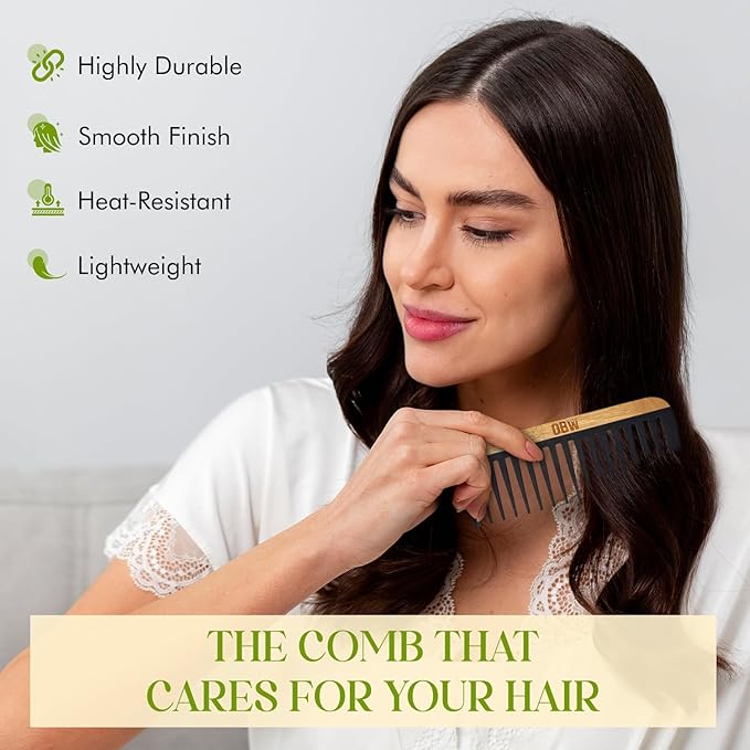 OBW Bamboo Wide Tooth Comb – Detangler for Curly, Thick & Natural Hair – Dimensions: 5.8x2.1 in, 1.1 oz - Lightweight & Durable Bakelite-Infused Comb for Men & Women – Anti-Frizz Hair Tool by ORW