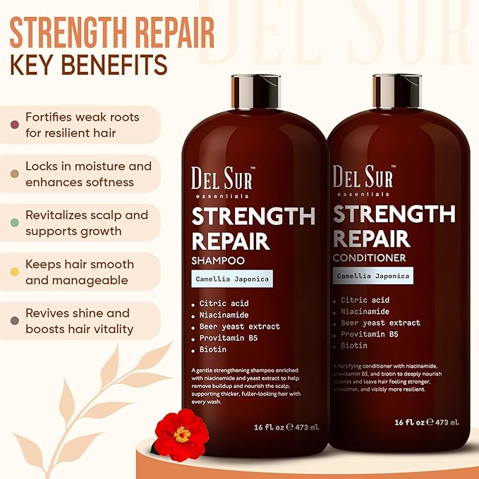 DEL SUR Hair Strengthening Shampoo and Conditioner Set | 16 fl oz Each | with Camellia Japonica, Niacinamide, Provitamin B5 & Biotin | Repair & Hydration for Dry, Weak Hair