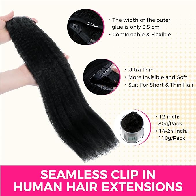Lashey Seamless Clip in Hair Extensions Human Hair #1 Jet Black Kinky Straight Clip in Hair Extensions Real Human Hair 7pcs 110g 18 Inch PU Weft Natural Hair Extension for Women