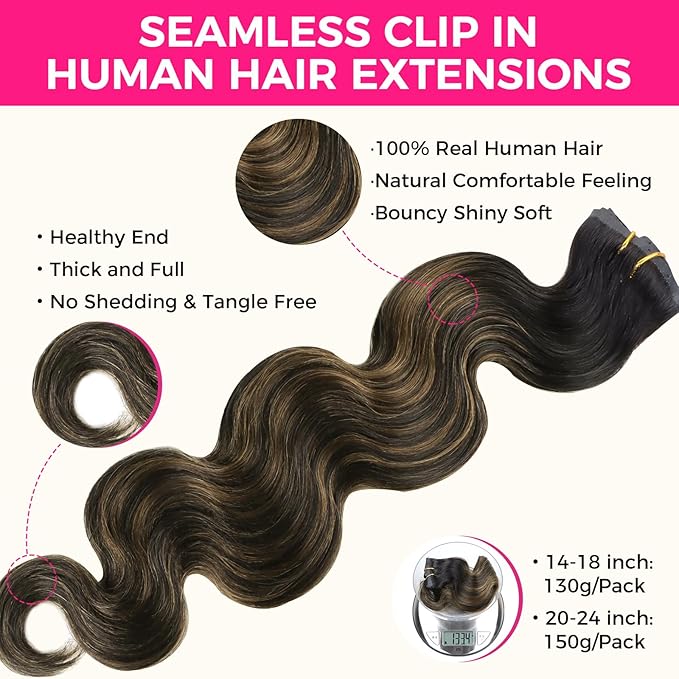 Lashey Seamless Clip in Hair Extensions Human Hair 130g 9pcs 14 Inch Body Wave Natural Black Mixed Chestnut Brown Clip in Hair Extensions for Women