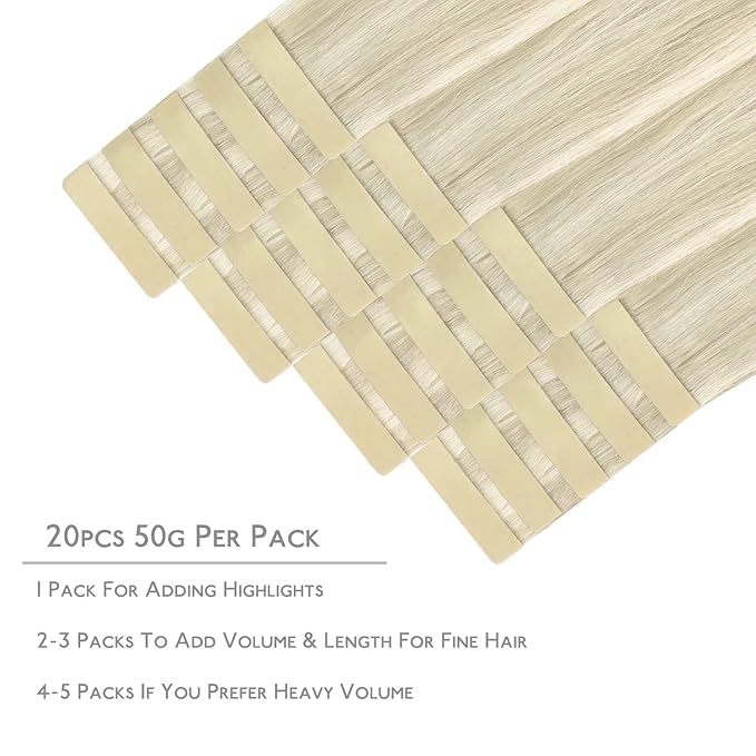 WENNALIFE Tape in Hair Extensions Human Hair, 20pcs 50g 16 inch Ash Blonde Highlighted Platinum Blonde Remy Hair Extensions Straight Human Hair Tape in Extensions Skin Weft Tape Extensions Human Hair