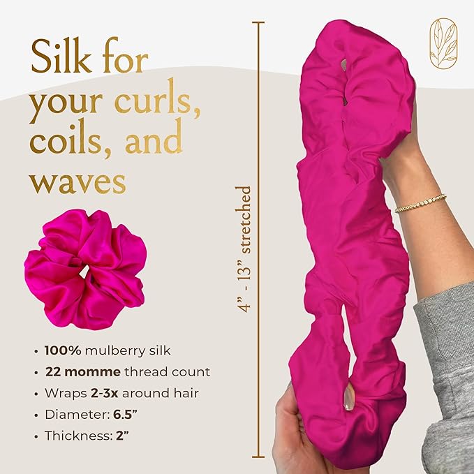 Silk Scrunchies for Ponytail Holders – Oversized Mulberry Silk Scrunchies – Extra Large No Damage Hair Ties for Curly, Thick, and Thin - Hair Accessories for Women – Hot Pink Peony, XL By Curlfriend