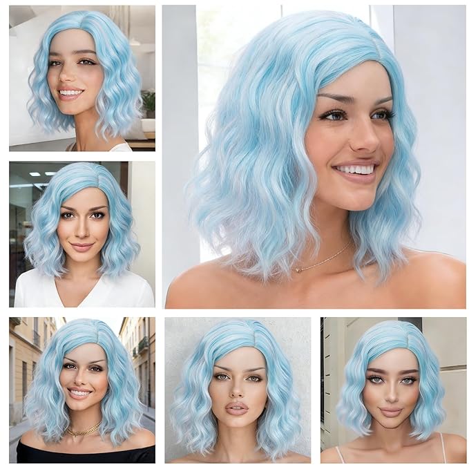 BUFASHION 14" Women Short Blue Kinky Straight Cosplay Synthetic Wigs With Air Bangs 46 Colors Available (blue 2)