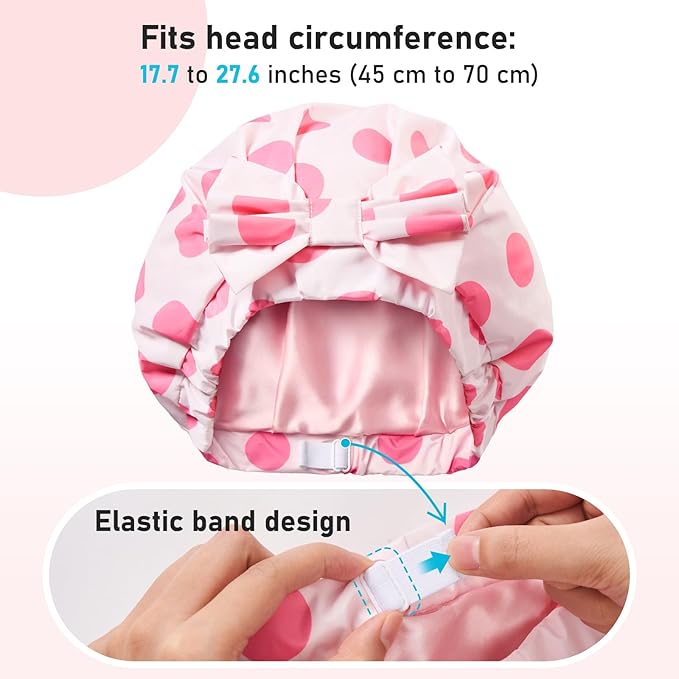 LitBear Luxury Silk Lined Shower Caps for Women Reusable Waterproof, Double Layered Large Bathing Hair Cap with Adjustable Elastic Strap, Non-slip, Quick-dry, for Long Short Hair, Pink Dots