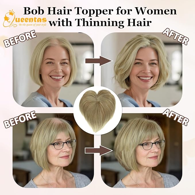 QUEENTAS Blonde Hair Topper for Women with Thinning Hair Pieces 6"*6"Large Coverage 360°3D Cover Silver Synthetic Short Bob with 5 Clips in Wiglets(Blonde Mixed Brown)