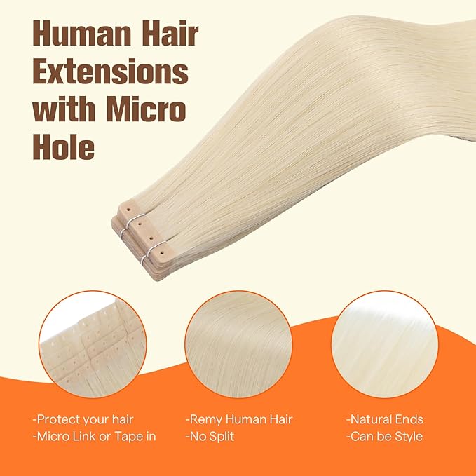 Full Shine Blonde Tape in Hair Extensions Human Hair Tape in with Holes Color 60 Bleach Blonde 20Pcs Tape in Extensions 30G 12Inch Skin Weft Invisible Seamless for Women Glueless Brazilian