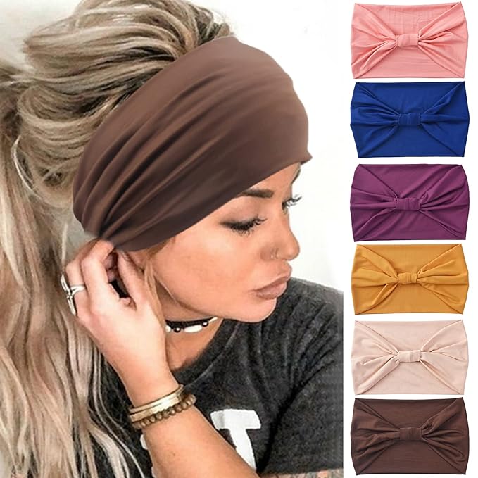 Yeshan Wide Headbands for Women No Slip African Boho Headband Solid Bandana Head bands Elastic Yoga Workout Sweat Bands Running Sport Turban Knotted Headwraps,Pack of 6
