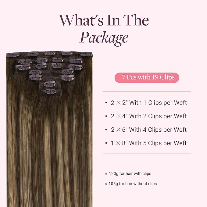GOO GOO Clip in Hair Extensions Real Human Hair, Remy Human Hair Extensions Clip ins for Women, Natural Human Hair, 12inch 85g 7Pcs, 4/27/4 Balayage Chocolate Brown to Caramel Blonde