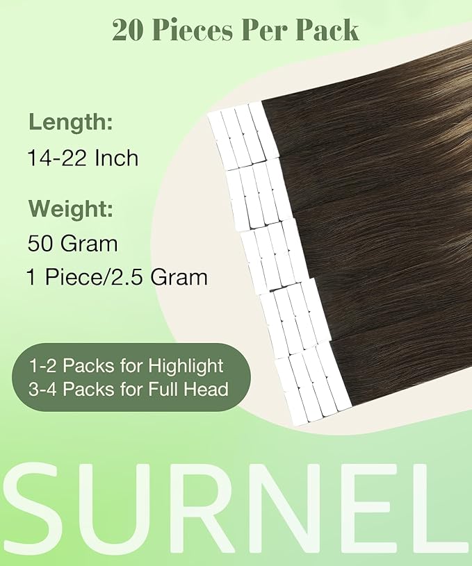 SURNEL Tape in Hair Extensions Human Hair Balayage 2 Dark Brown Fading to 6 and 18 Ash Blonde Human Hair Tape in Extensions 16inch 20 pcs 50g(#2/6/18-16)