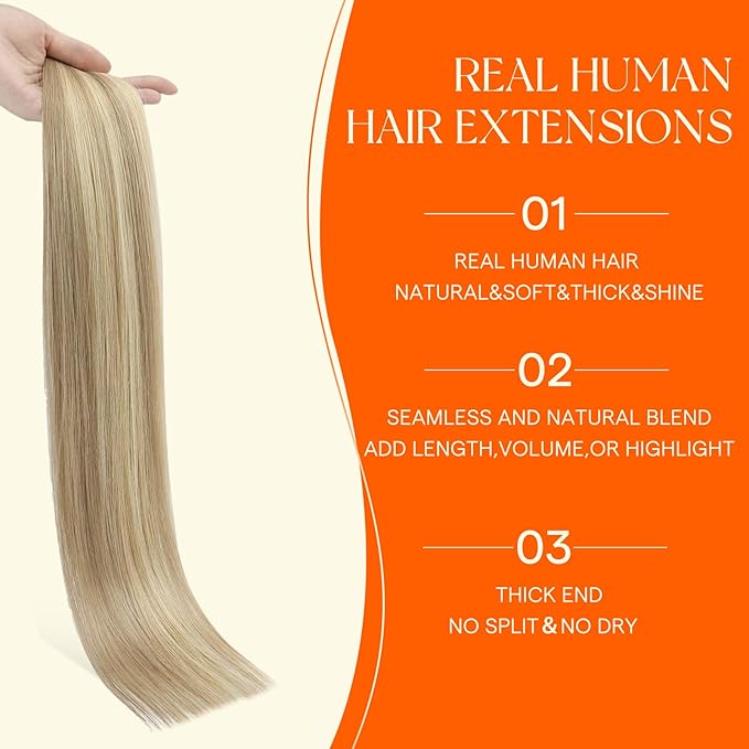 Full Shine Injected Tape in Hair Extensions Human Hair 18 Inch Double Sided Color 16 Golden Blonde Highlight 22 Medium Blonde Remy Seamless Skin Weft Insert Tape in Extensions 20Pcs 50G