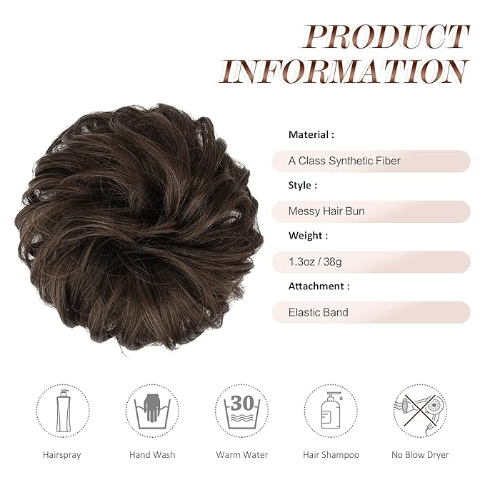 FESHFEN Messy Bun Hair Piece - Elastic Wavy Curly Hair Bun Scrunchies Extensions Synthetic Chignon Hairpieces for Women Girls, Dark Brown & Light Auburn Mixed 1.5 oz