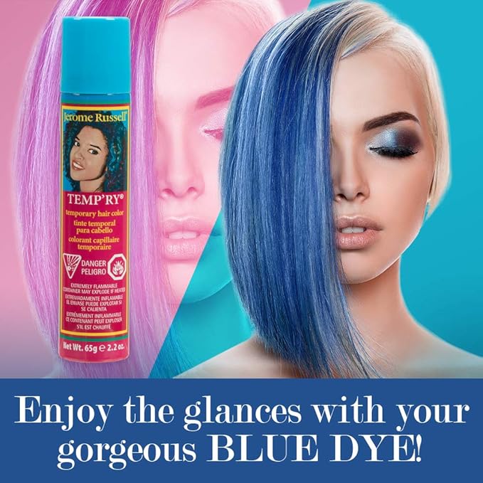 Jerome Russell Intense Blue Spray-On Hair Dye - Fast-Drying, Non-Sticky, Vivid Color for Travel, 2.2 oz