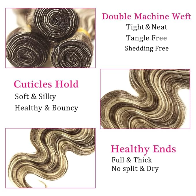 Highlight Bundles Human Hair Blonde Body Wave Bundle Niegmeag Brazilian Virgin Remy Hair 3 Bundles 20 22 24 Inch 2 Tone Blonde and Brown Body Wave Bundle 300g